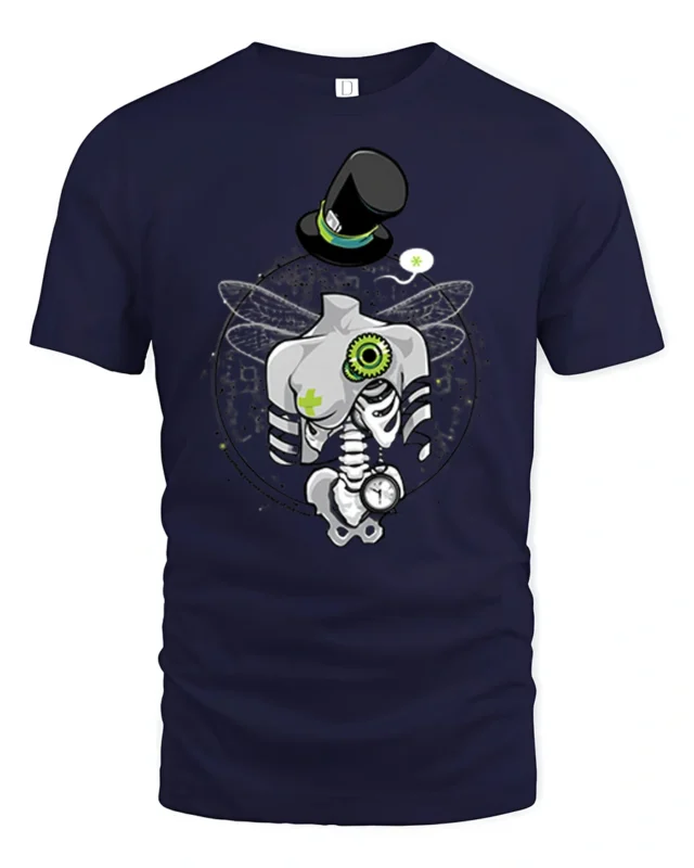 Steampunk Dragonfly Skeleton Top Hat Pocket Watch Tshirt - navy t-shirt on white background
