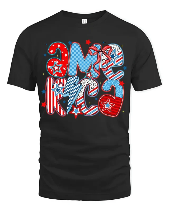 Festive Patchwork America Typography Glitter Stars Graphic Tee - black t-shirt on white background