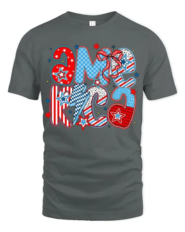 Festive Patchwork America Typography Glitter Stars Graphic Tee - gray t-shirt on white background