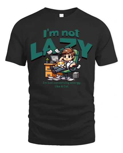 Funny Lazy Employee Sleeping Kitten Workspace Graphic Tee - black t-shirt on white background