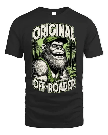 Funny Bigfoot Original Off Roader Trucker Hat Graphic Tee - black t-shirt on white background