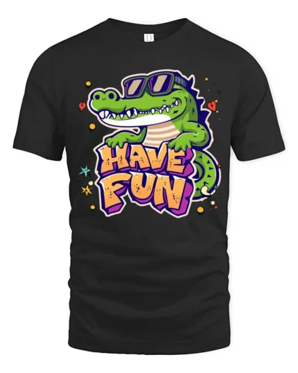 Joyful Crocodile Have Fun Sunglasses Retro Graphic Tshirt - black t-shirt on white background