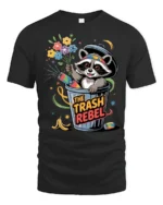 Funny Trash Rebel Raccoon Garbage Can Flower Graphic Tee - black t-shirt on white background