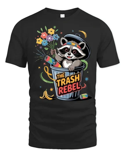 Funny Trash Rebel Raccoon Garbage Can Flower Graphic Tee - black t-shirt on white background