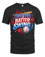 Patriotic Hey Batter Batter Swing Baseball Graphic Tee - black t-shirt on white background