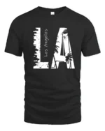 Coastal Urban Skyline Palm Tree Monochromatic Graphic Tee - black t-shirt on white background