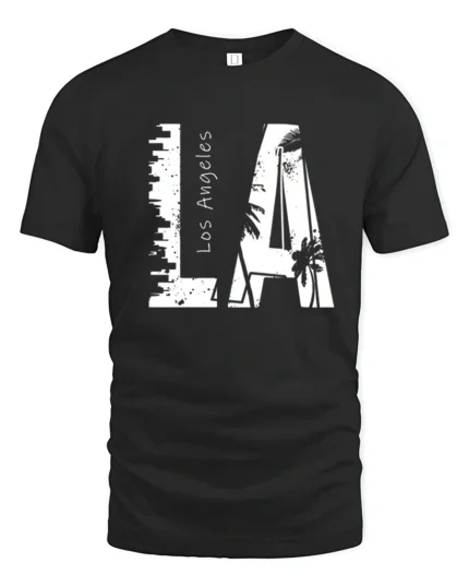 Coastal Urban Skyline Palm Tree Monochromatic Graphic Tee - black t-shirt on white background