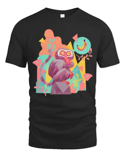 Colorful Pop Art Geometric Monkey Banana Dream Graphic Tee - black t-shirt on white background