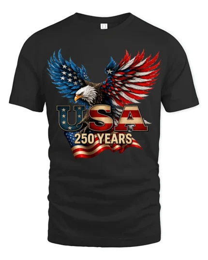 Majestic Bald Eagle USA 250 Years Freedom Bicentennial Tee - black t-shirt on white background