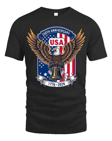 Commemorative 250th Anniversary Eagle Liberty Bell Tshirt - black t-shirt on white background
