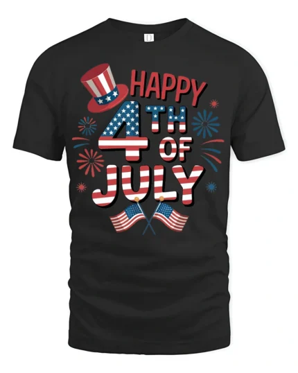 Festive Happy Fourth Of July Star Spangled Celebration Tee - black t-shirt on white background
