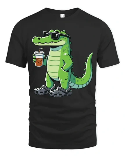 Cool Crocodile Drinking Boba Tea Casual Summer Graphic Tee - black t-shirt on white background