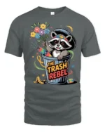 Funny Trash Rebel Raccoon Garbage Can Flower Graphic Tee - gray t-shirt on white background