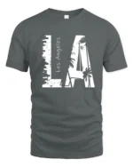 Coastal Urban Skyline Palm Tree Monochromatic Graphic Tee - gray t-shirt on white background