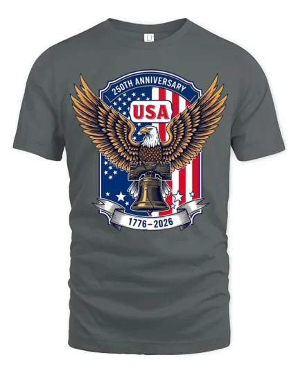 Commemorative 250th Anniversary Eagle Liberty Bell Tshirt - gray t-shirt on white background