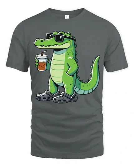 Cool Crocodile Drinking Boba Tea Casual Summer Graphic Tee - gray t-shirt on white background