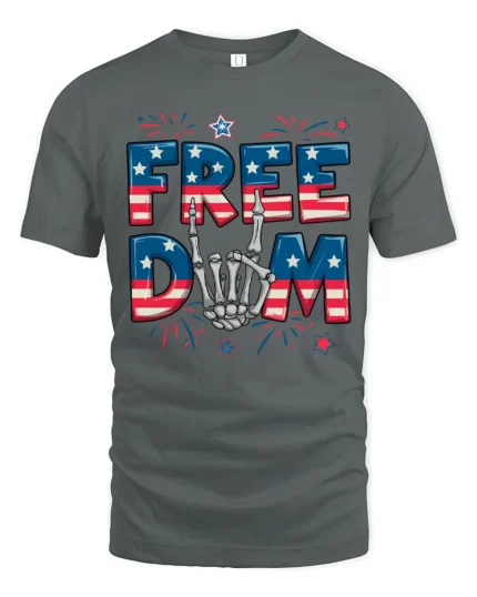 Rock On Star Spangled Banner Skeleton Hand Patriotic Tee - gray t-shirt on white background
