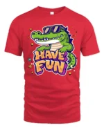 Joyful Crocodile Have Fun Sunglasses Retro Graphic Tshirt - red t-shirt on white background