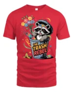 Funny Trash Rebel Raccoon Garbage Can Flower Graphic Tee - red t-shirt on white background