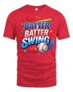 Patriotic Hey Batter Batter Swing Baseball Graphic Tee - red t-shirt on white background