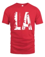 Coastal Urban Skyline Palm Tree Monochromatic Graphic Tee - red t-shirt on white background