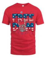Rock On Star Spangled Banner Skeleton Hand Patriotic Tee - red t-shirt on white background