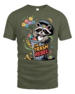 Funny Trash Rebel Raccoon Garbage Can Flower Graphic Tee - military green t-shirt on white background