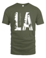 Coastal Urban Skyline Palm Tree Monochromatic Graphic Tee - military green t-shirt on white background