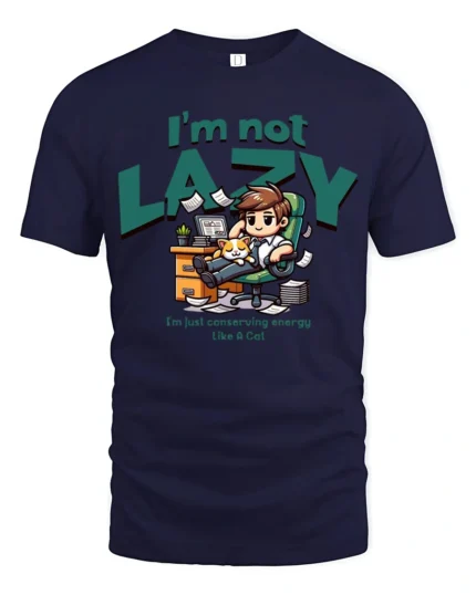 Funny Lazy Employee Sleeping Kitten Workspace Graphic Tee - navy t-shirt on white background