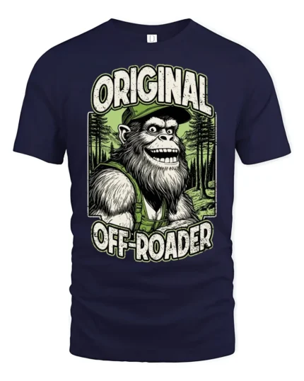 Funny Bigfoot Original Off Roader Trucker Hat Graphic Tee - navy t-shirt on white background