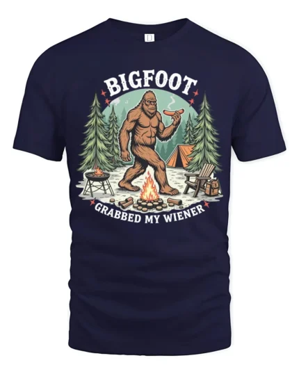Funny Bigfoot Grabbed My Wiener Campfire Cookout Tshirt - navy t-shirt on white background
