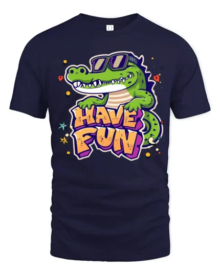 Joyful Crocodile Have Fun Sunglasses Retro Graphic Tshirt - navy t-shirt on white background