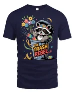 Funny Trash Rebel Raccoon Garbage Can Flower Graphic Tee - navy t-shirt on white background