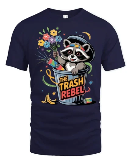 Funny Trash Rebel Raccoon Garbage Can Flower Graphic Tee - navy t-shirt on white background