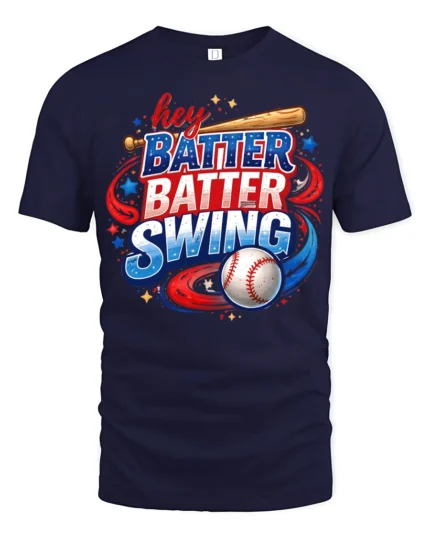 Patriotic Hey Batter Batter Swing Baseball Graphic Tee - navy t-shirt on white background