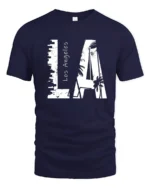 Coastal Urban Skyline Palm Tree Monochromatic Graphic Tee - navy t-shirt on white background