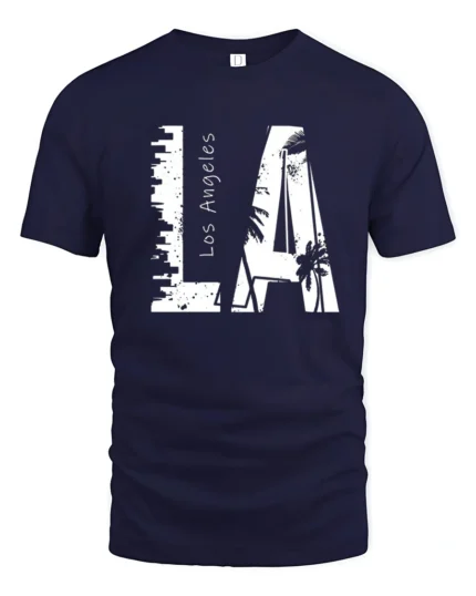 Coastal Urban Skyline Palm Tree Monochromatic Graphic Tee - navy t-shirt on white background