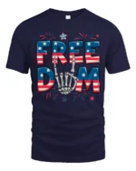 Rock On Star Spangled Banner Skeleton Hand Patriotic Tee - navy t-shirt on white background