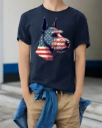 Beautiful Patriotic Schnauzer Dog USA Flag Graphic Tee - model wearing navy tee with hands in pockets