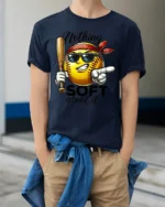 Aggressive Yellow Softball Nothing Soft About It Graphic Tee - model wearing navy tee with hands in pockets