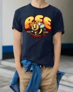Cute Bee Kind Bee Happy Inspirational Positive Quote Tshirt - model wearing navy tee with hands in pockets