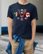 Unified North America Soccer Championship Animals Graphic Tee - model wearing navy tee with hands in pockets