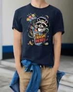 Funny Trash Rebel Raccoon Garbage Can Flower Graphic Tee - model wearing navy tee with hands in pockets