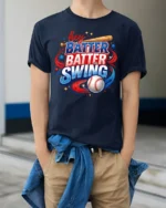 Patriotic Hey Batter Batter Swing Baseball Graphic Tee - model wearing navy tee with hands in pockets