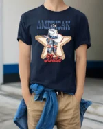 Country Liberty American Babe Cowboy Boots Western Graphic Tee - model wearing navy tee with hands in pockets