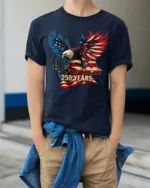 Majestic Bald Eagle USA 250 Years Freedom Bicentennial Tee - model wearing navy tee with hands in pockets