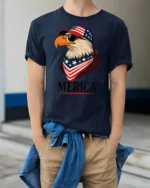 Cool Country Pride Freedom Bird Sunglasses Soft Tshirt - model wearing navy tee with hands in pockets