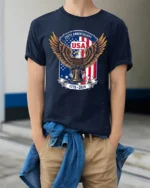 Commemorative 250th Anniversary Eagle Liberty Bell Tshirt - model wearing navy tee with hands in pockets