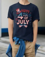 Festive Happy Fourth Of July Star Spangled Celebration Tee - model wearing navy tee with hands in pockets
