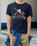 Country Babe American Flag Cowboy Boots Patriotic Graphic Tee - model wearing navy tee with hands in pockets